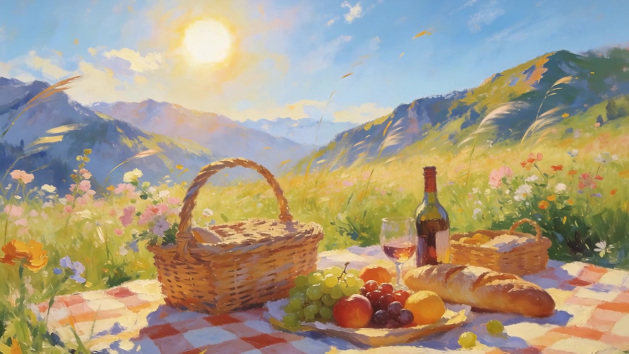 Le soleil se déplace, la brise souffle, l'herbe ondule, un panier de pique-nique sur une couverture à carreaux dans une prairie avec du vin.
