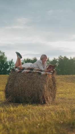 estudiante acostada en una bola de heno con una manta a cuadros, leyendo un libro en un campo abierto pacífico, efecto de la luz del sol brillante mientras da la vuelta a una nueva página, disfrutando de la tranquilidad en la naturaleza