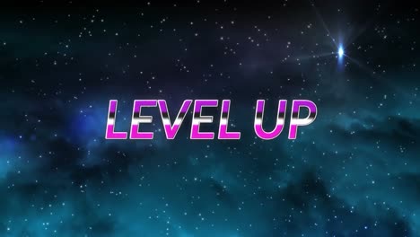 Animation-of-glitch-effect-over-level-up-text-banner-against-shining-stars-in-space