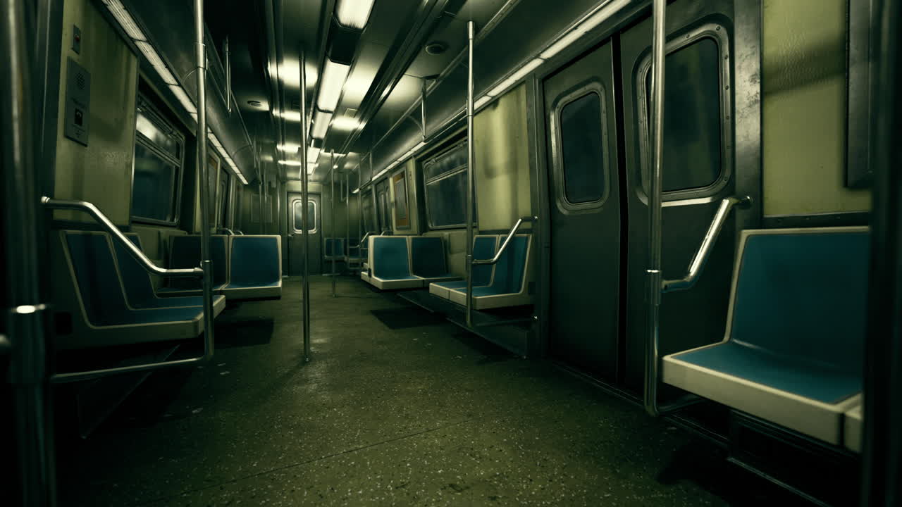 Interno vuoto di un treno della metropolitana durante il tragitto notturno in una città vivace