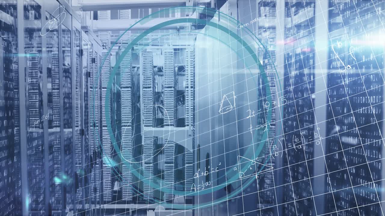 Animation of cyber security text with scope scanning and mathematical equations over server room