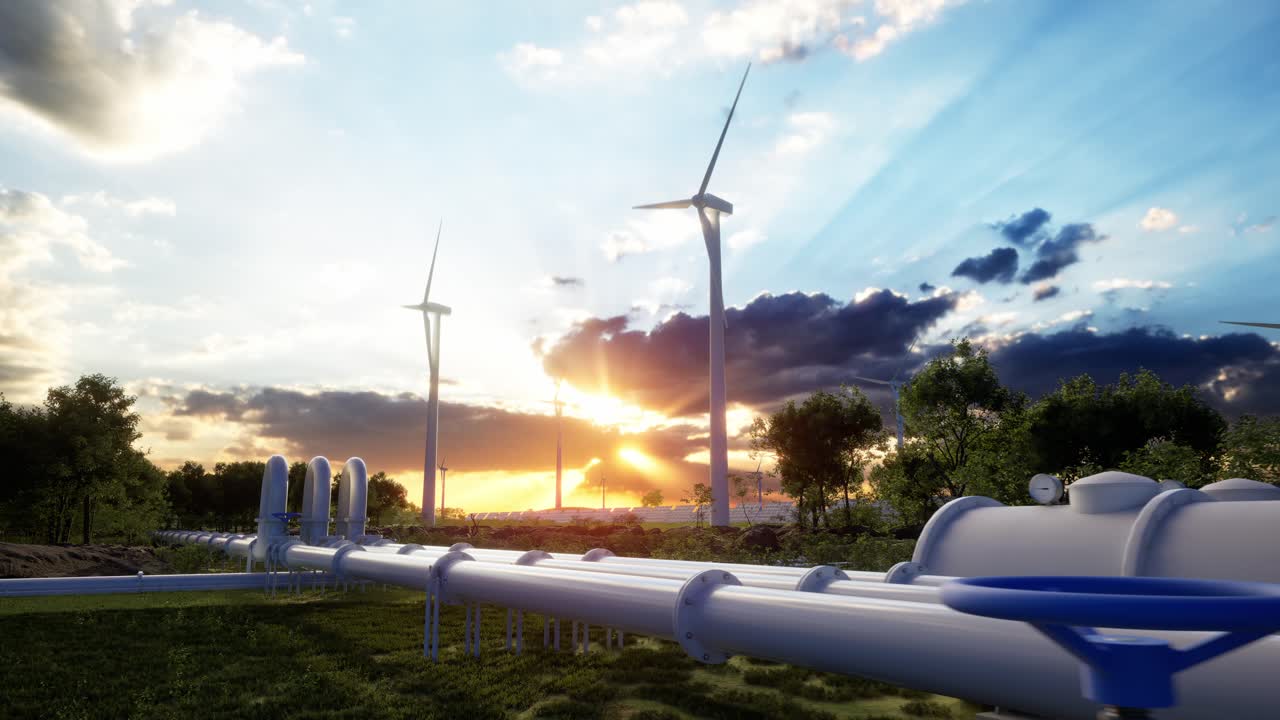 수소 파이프라인과 풍력 터빈, 광전지 패널은 깨한 에너지 생산을 향상시니다.