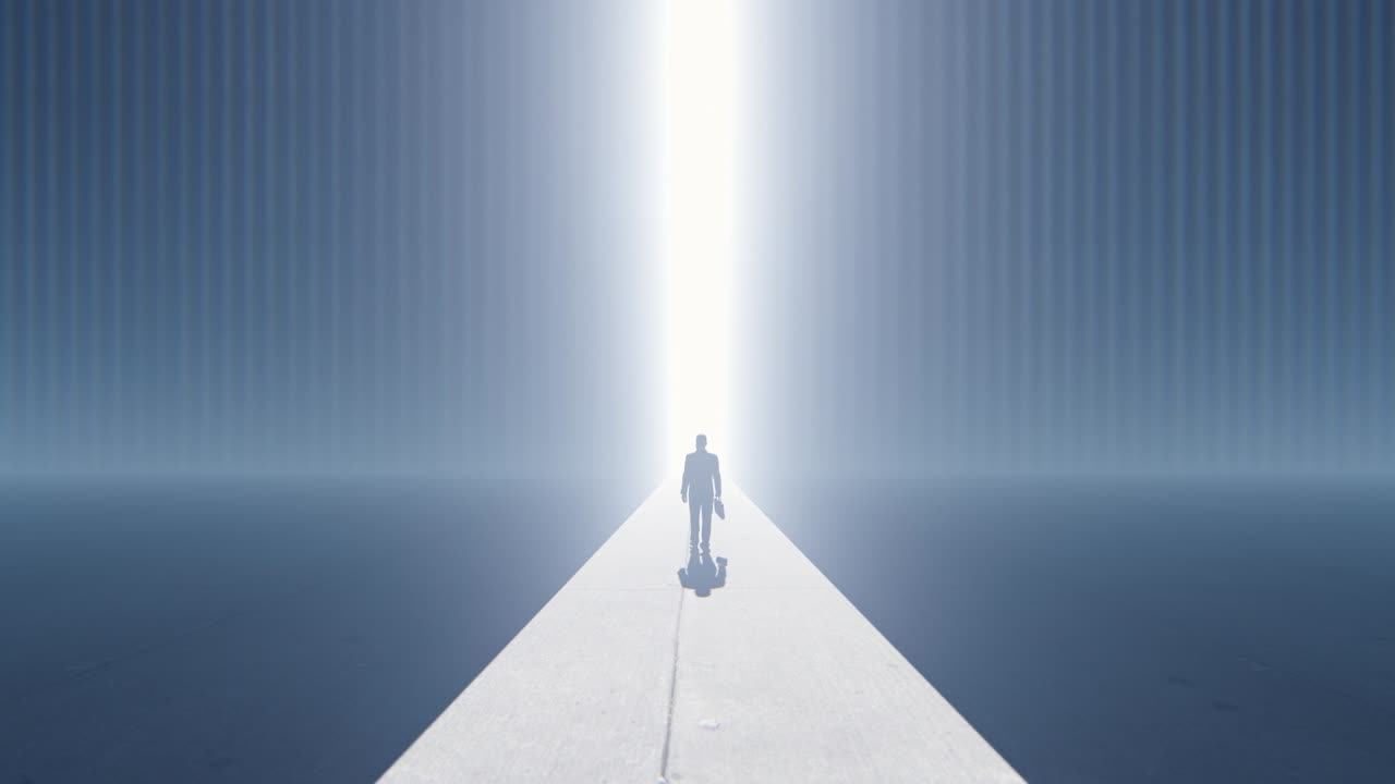 Confident businessman walking towards a bright future, back view, 4K