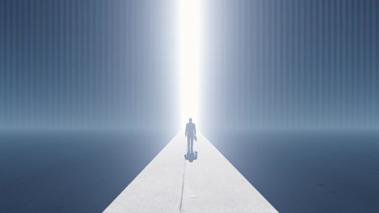 Confident businessman walking towards a bright future, back view, 4K