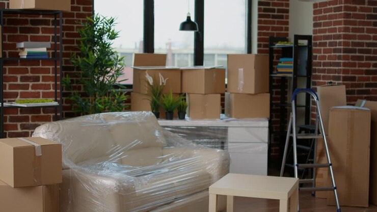 Husband and wife kissing and arranging furniture boxes
