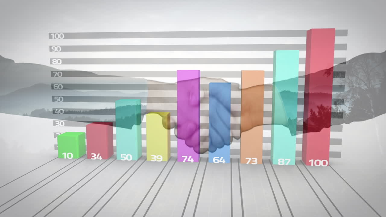 procesamiento de datos estadísticos contra la sección media de un hombre de negocios y una mujer de negocios que se dan la mano