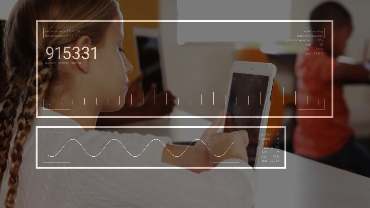 Girl raising tablet activating transparent overlay, tapping and analyzing real-time education data