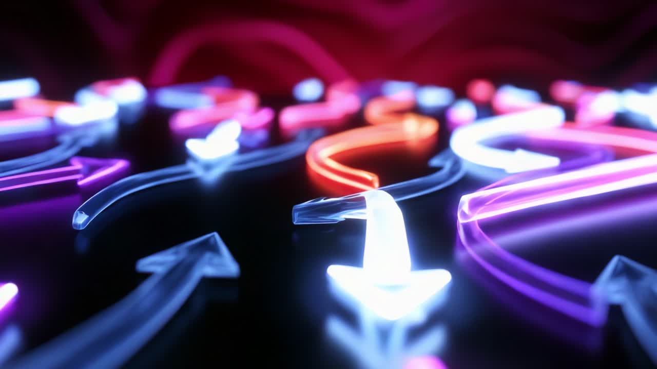 A Captivating Display of Neon Arrows in Dynamic Motion: Highlights the Fluidity and Vibrance of Light in a Dark Environment, Showcasing a Variety of Directions and Curves in a Playful Composition