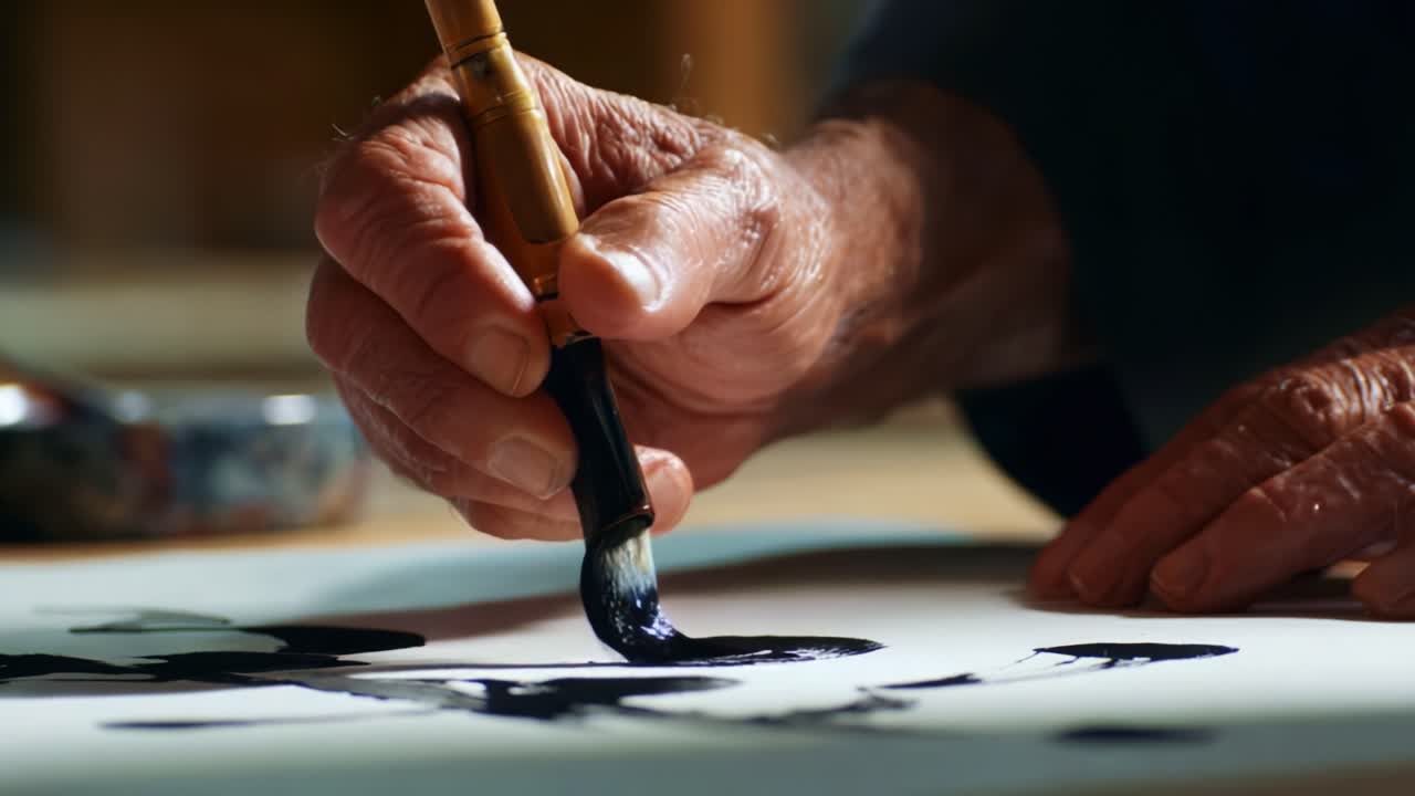 Artistic Expression Captured: A Close-Up of a Skilled Hand Painting with a Brush, Featuring Delicate Lines and Inky Depths on Paper, Showcasing the Fine Craftsmanship of Traditional Techniques