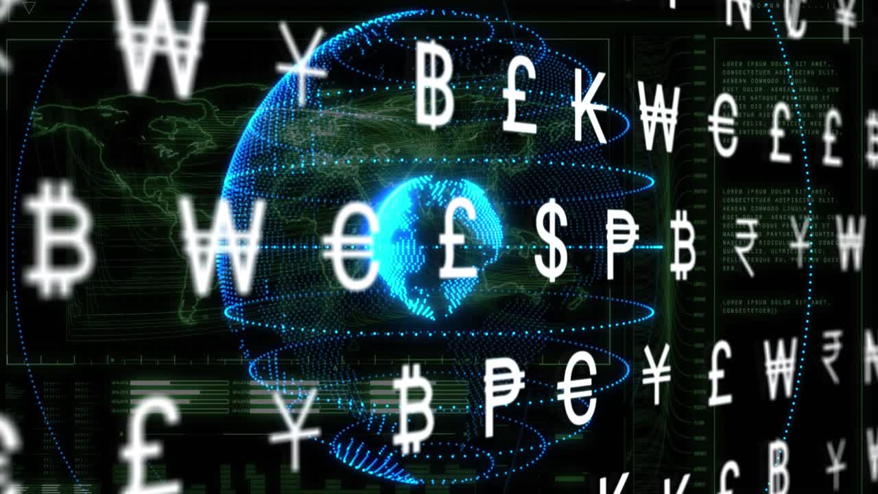 세계 지도 및 데이터 처리에 대한 인터페이스에 대한 전 세계 통화 기호의 애니메이션