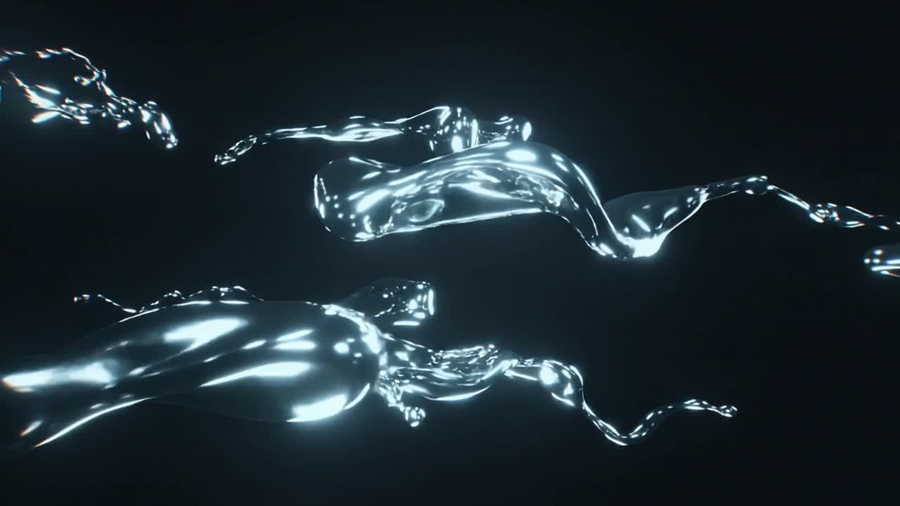 Forme liquide cromate alla deriva che appaiono in alto a sinistra e si allungano nel vuoto nero, delineando i punti luce