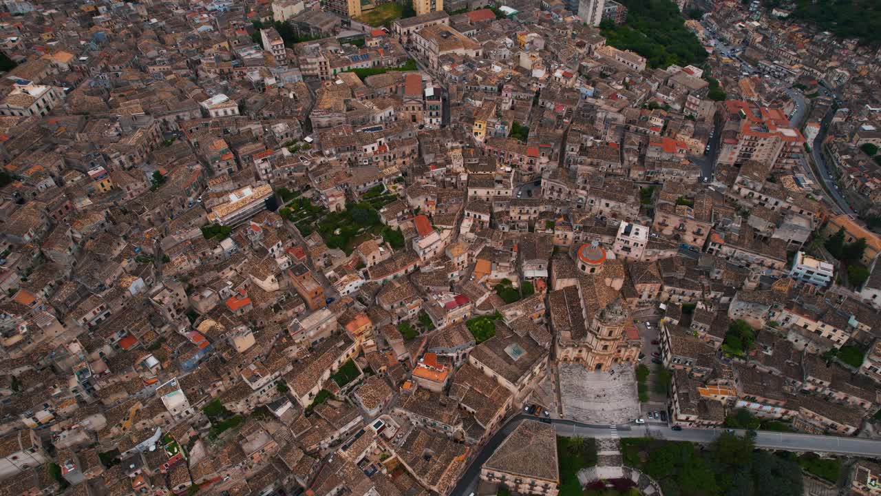 Modica Duomo di San Giorgio seen from above, a Baroque jewel surrounded by old town. Sicily, Italy.