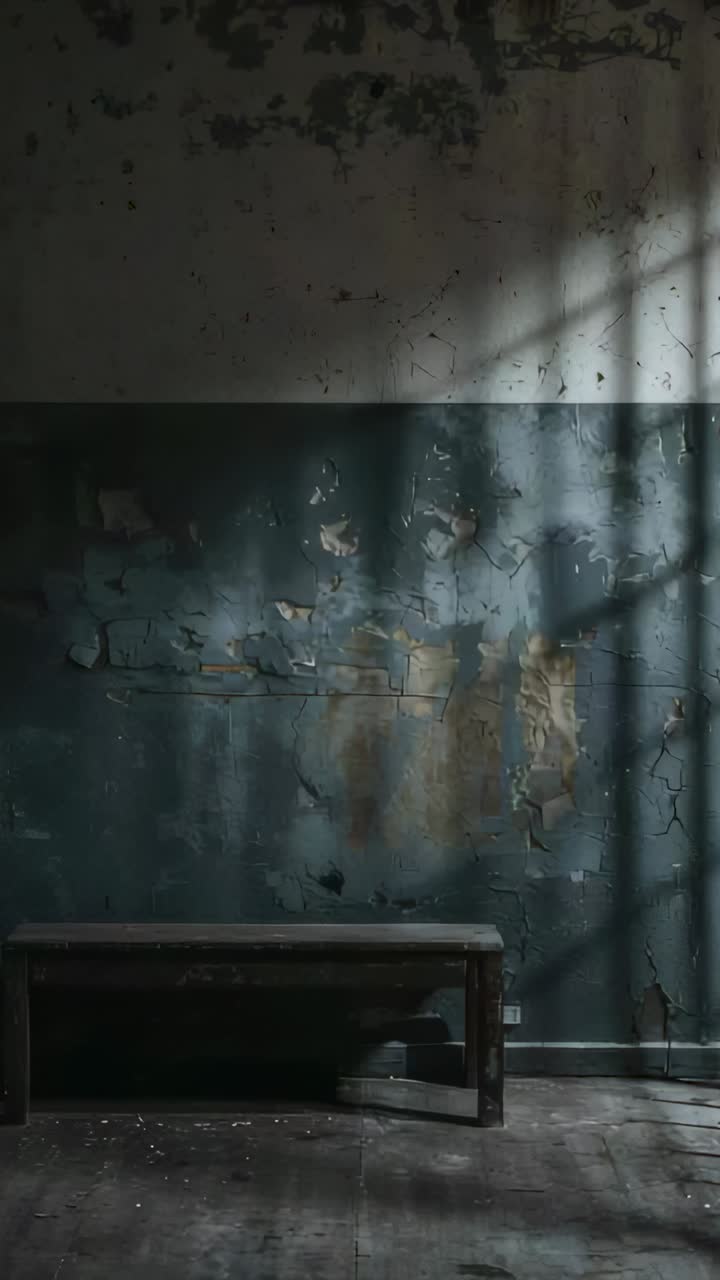 Vertical video: Shifting sunlight sliding across wooden bench in worn room, revealing peeling wall