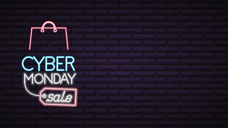 cyber monday neon lights animation with shopping bag