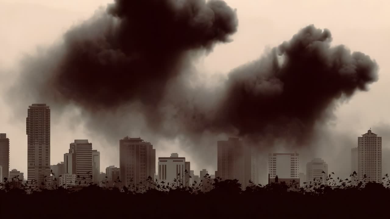 Drammatica trasformazione dello skyline urbano: un'atmosfera tempestosa scura e minacciosa emerge su edifici a molti piani in una inquietante esibizione di fumo e ombre.