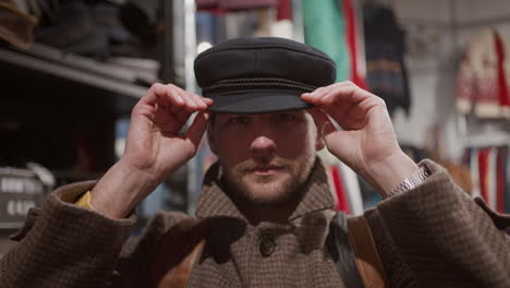 Hombre-Hipster-Probándose-Un-Sombrero-De-Violinista-En-Una-Tienda-De-Segunda-Mano