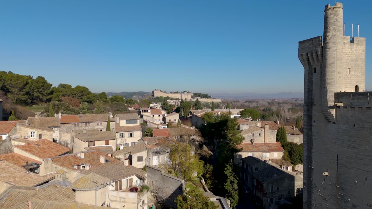 Aerial tour of surroundings Philippe le Bel Tower, Rhone River, Avignon, France