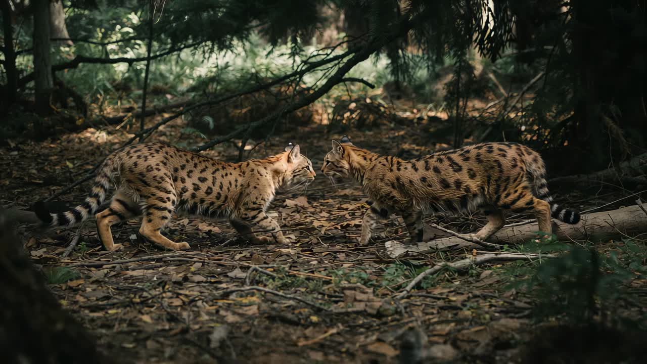 Sighting each other, two spotted wild cats closing gap, sniffing and assessing scent on leaf litter