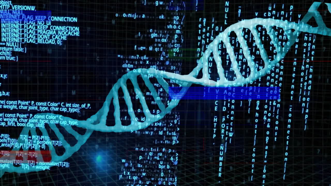 Binary coding and DNA strand animation processing scientific data in lab setting
