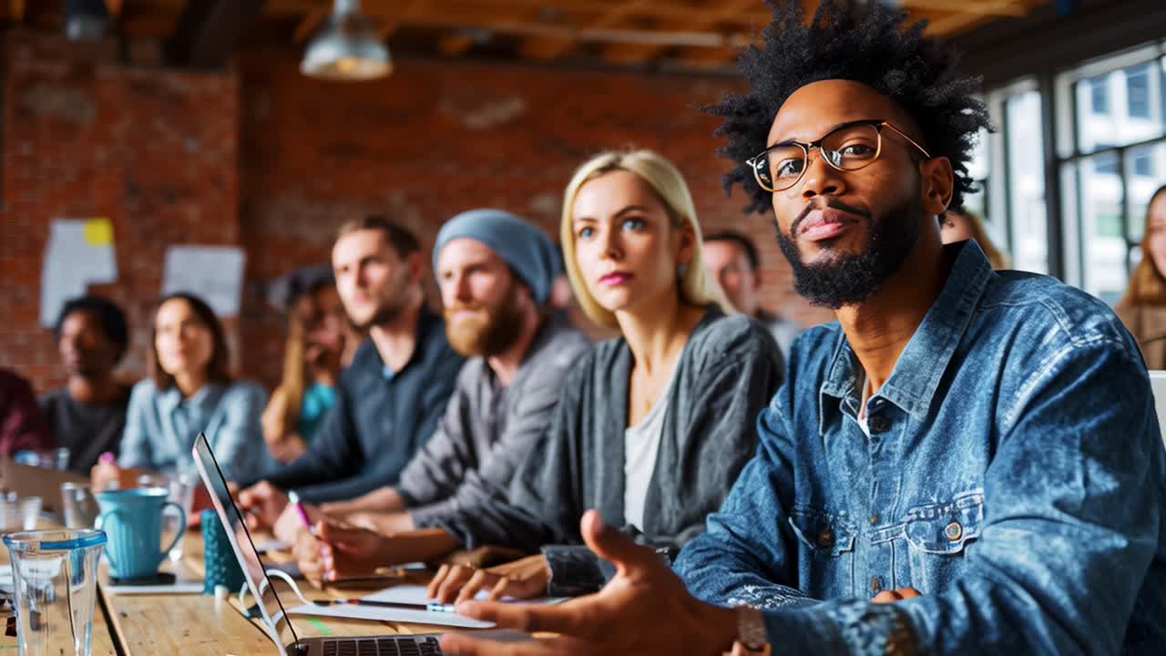 Dynamic group of young professionals engaged in a lively brainstorming session during a collaborative meeting, showcasing creativity and teamwork in a modern workspace environment