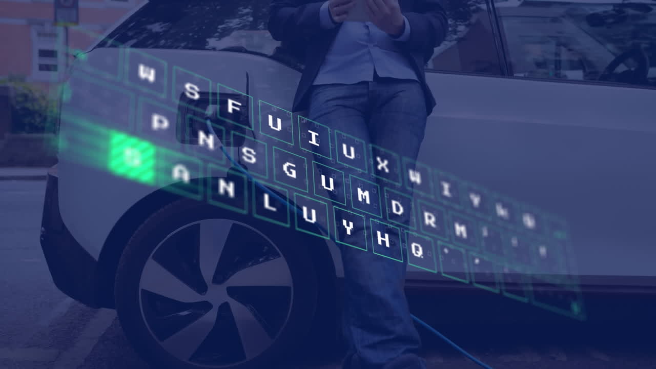 전기 자동차를 충전하는 백인 남성에 대한 데이터 처리의 애니메이션