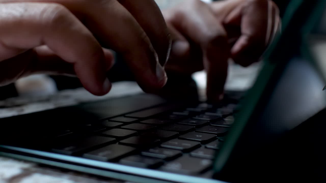 Adult South Asian Hands Seen Typing On Digital Tablet Keyboard
