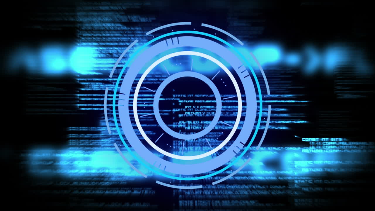 Animation of neon round scanner and data processing against blue background