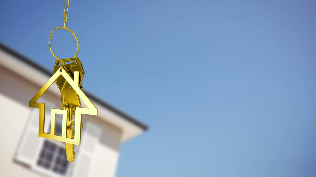 Animazione di una chiave d'oro e una casa su sfondo di una casa e cielo blu