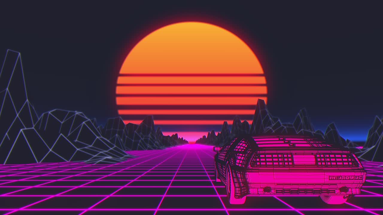 뒷면에 태양이 있는 자동차의 레트로 퓨처리즘 시엄리스 애니메이션