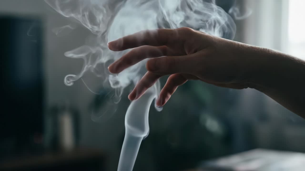 Close-Up of Human Hand Interacting with Rising Smoke