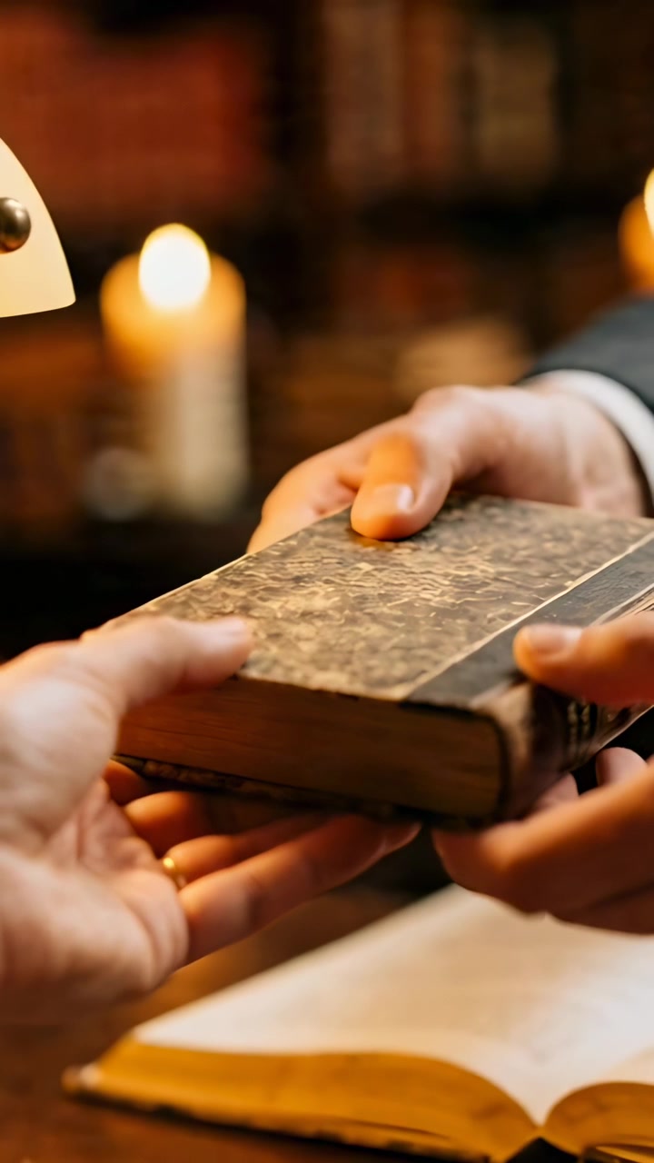 Video verticale: Una mano che si estende per ricevere un vecchio libro con copertina rigida su una scrivania, studiando alla luce di una lampada e di una candela.