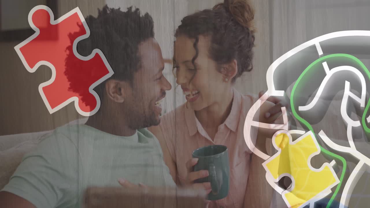 animación de un rompecabezas colorido sobre una pareja biracial con una tableta