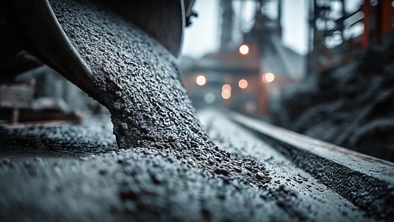 A Close-Up View of Construction Material Flowing from a Chute, Capturing the Texture and Detail of Aggregate Being Displaced in a Manufacturing Environment