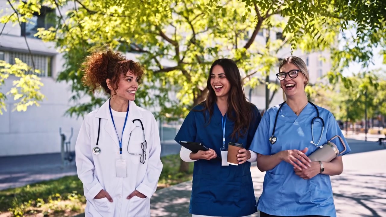 Smiling Female Medical Professionals Walking and Talking Outdoors