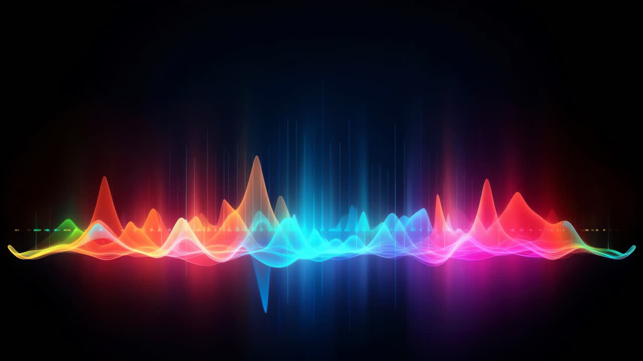 Vibrant sound waves in neon colors on a black background, captured from a frontal angle