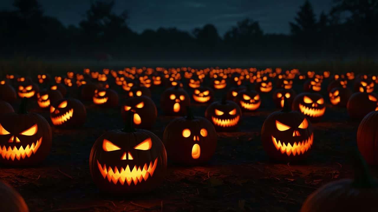 A Spooky Halloween Night Display: A Sea of Grinning Jack-o'-Lanterns Illuminates the Dark Landscape with Eerie Shadows and Glowing Faces, Creating a Haunting Atmosphere
