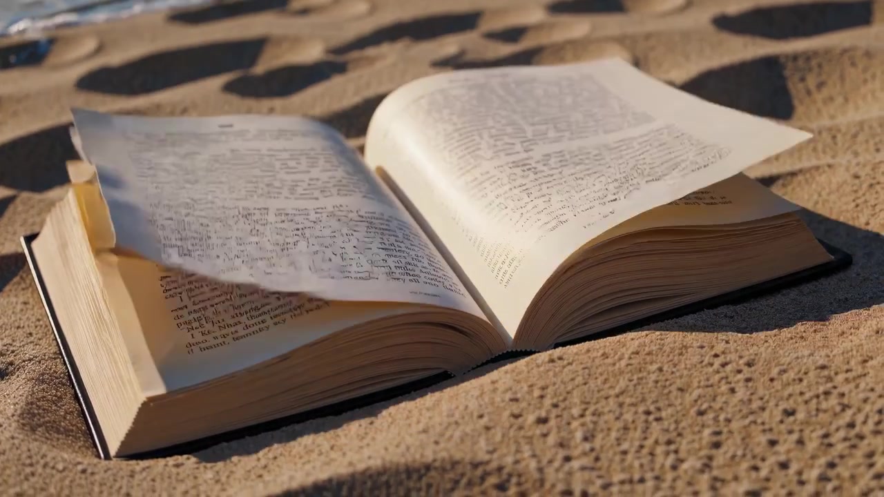 Libro aperto sulla sabbia con pagine mosse dal vento vicino all'oceano