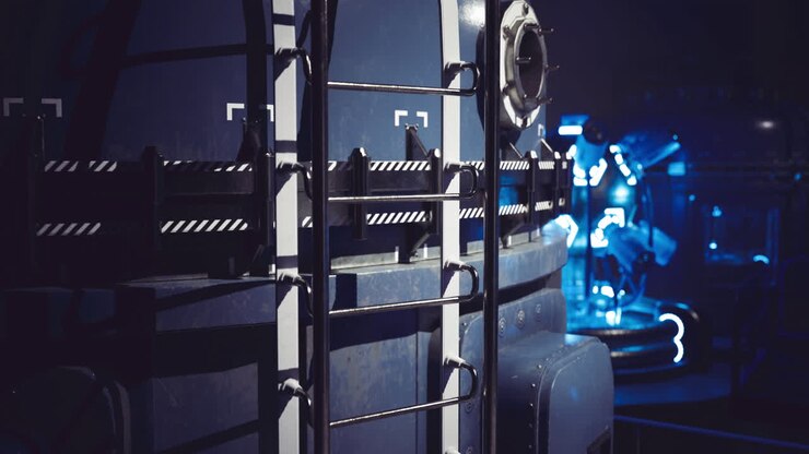 Modern industrial setting with equipment and lighting effects at nighttime