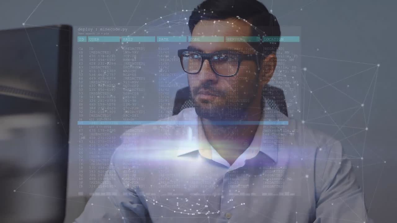 animación del procesamiento de datos sobre el empresario caucásico en la oficina