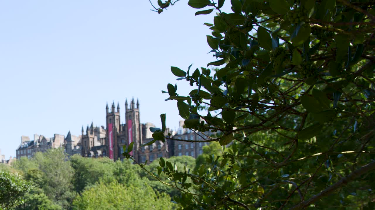 Camera pans past leafy branches, unveiling Edinburgh’s historic skyline under bright, natural daylight