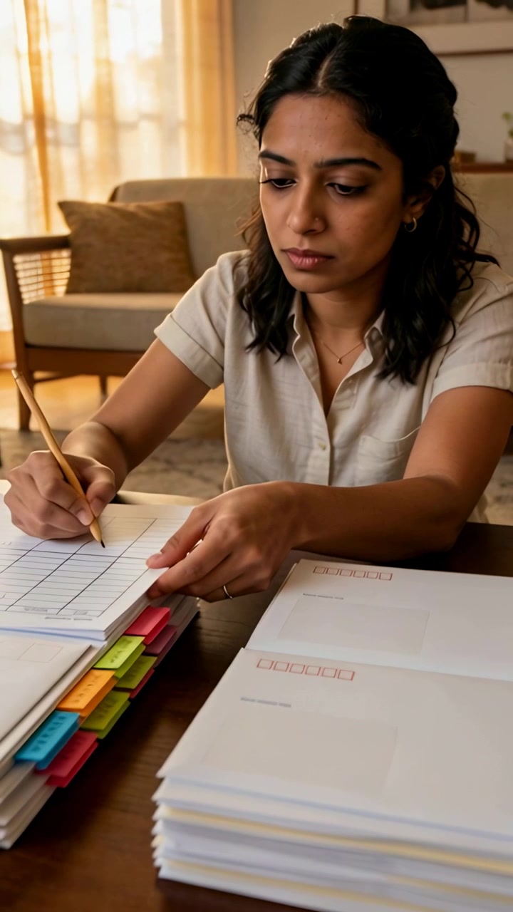 Vertical video: Picking tabs, woman at home in beige top writing grid with pencil