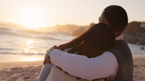 happy couple, sunset and beach with love