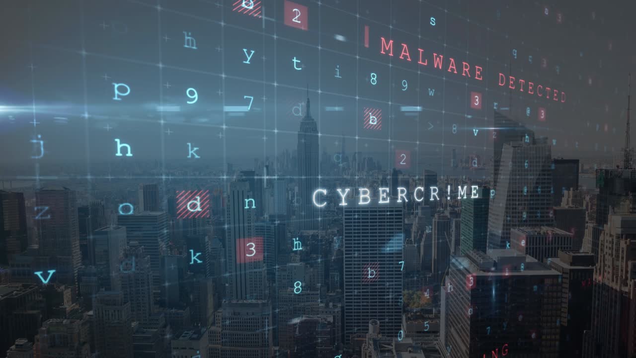 도시 풍경 위의 사이버 범죄 텍스트의 애니메이션