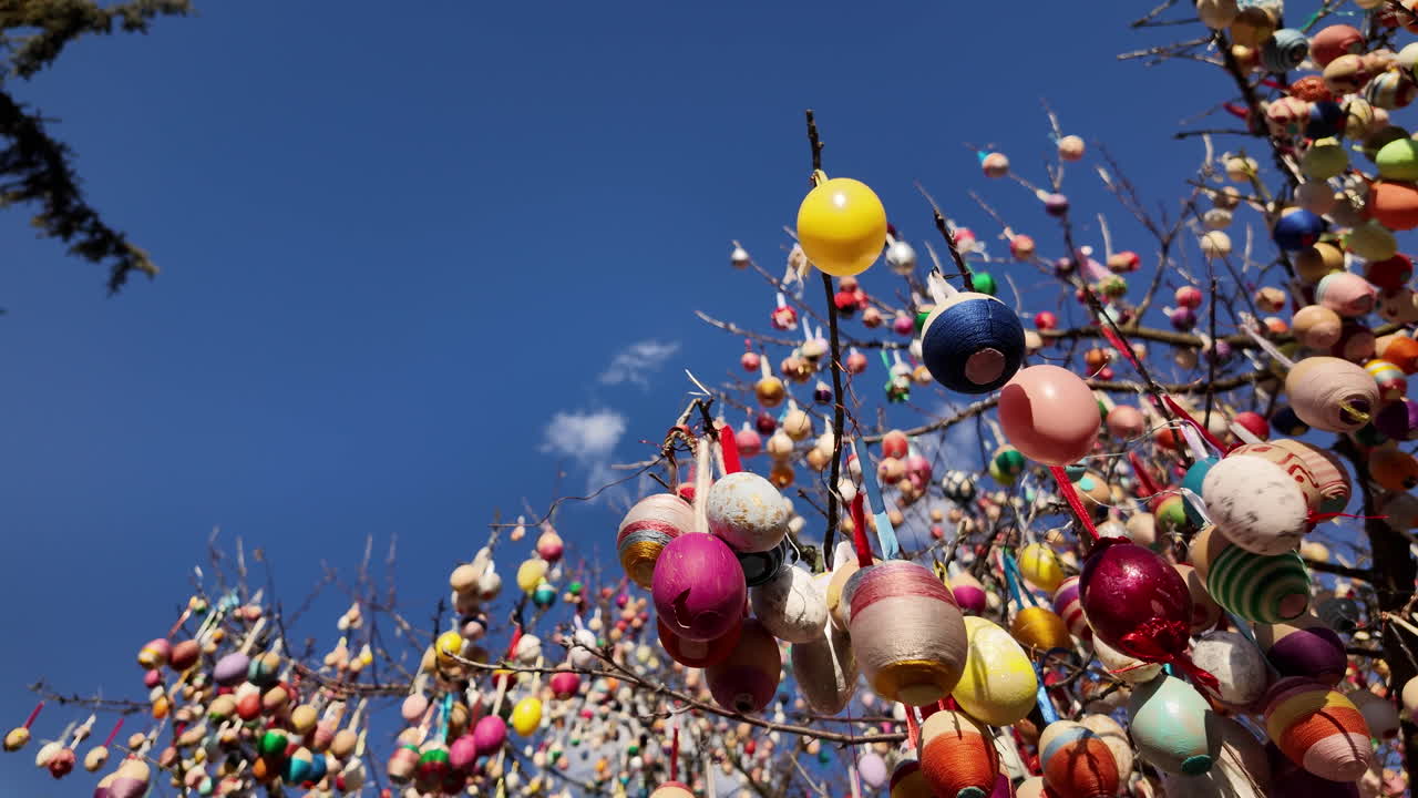 Colorful Easter egg tree against blue sky
