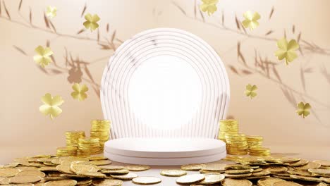 Blühender-Wohlstand:-Goldene-Münzen-Und-Kleeblätter-Umgeben-Ein-Weißes,-Kreisförmiges,-Gelbes-Hintergrundmodell