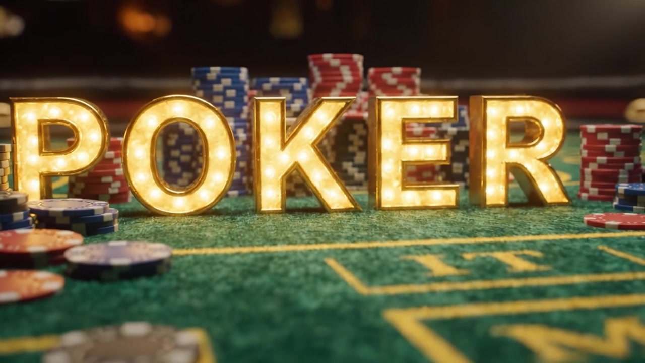 Dramatic Transformation of a Poker Table with Glowing Signage Highlighting the Excitement and Atmosphere of High-Stakes Card Games Featuring Colorful Chips