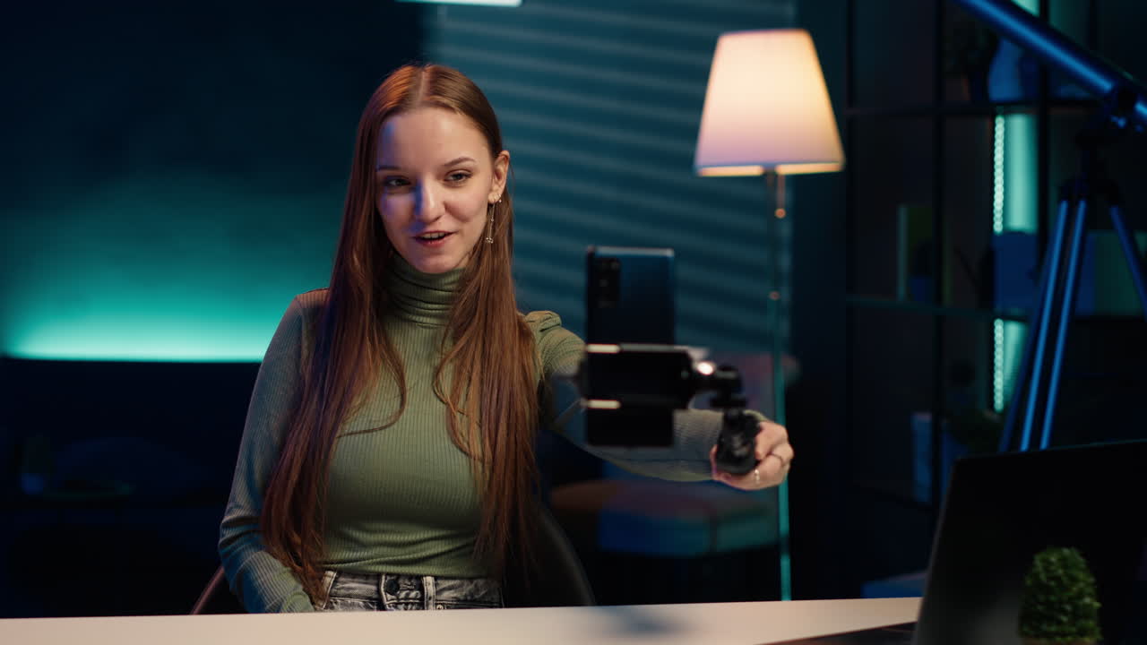 chica en un apartamento iluminado con neón usando el teléfono en selfie stick para capturar la introducción del vlog