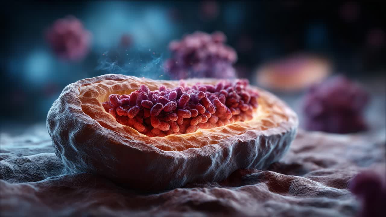 Microscopic Visualization of a Cellular Structure Highlighting Intricate Details and Vibrant Colors Associated with the Inner Components of Life Processes