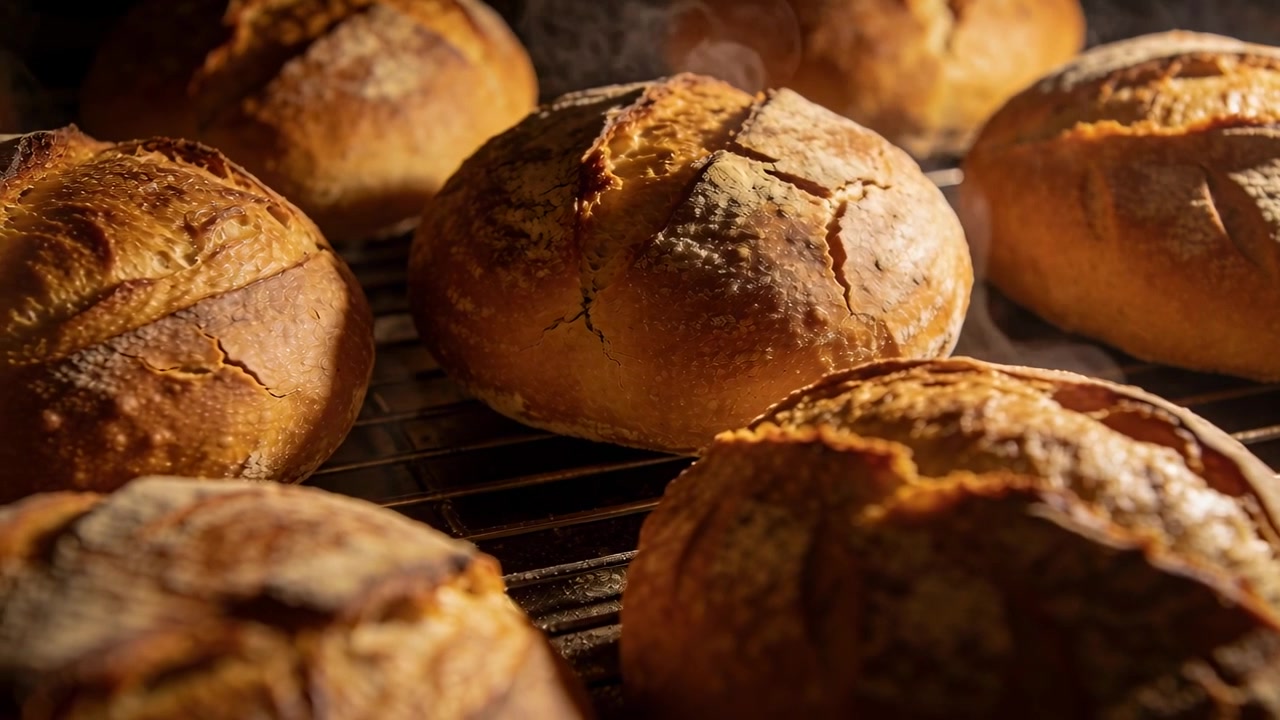 Browning under oven heat, round artisan loaves deepening crusts and releasing steam on wire rack