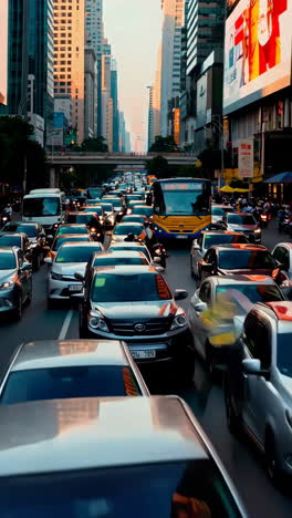 heavy traffic and traffic controller on a busy city street at dusk